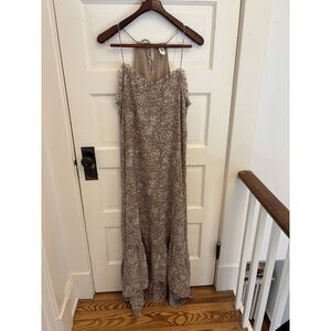 Flawless Tan White Ditzy Floral Boho Maxi‎ Dress Lined Ruffle Women's Size Small